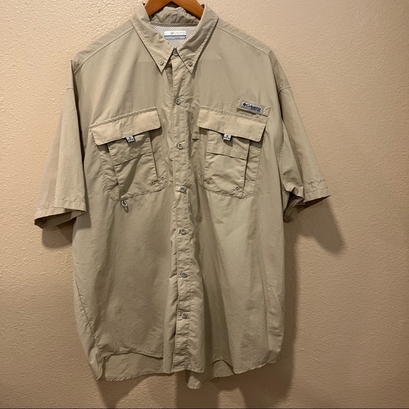 Columbia PFG Omni shade Fishing Shirt Men Size Xl Vented Short Sleeve Tan Beige - Picture 2 of 9